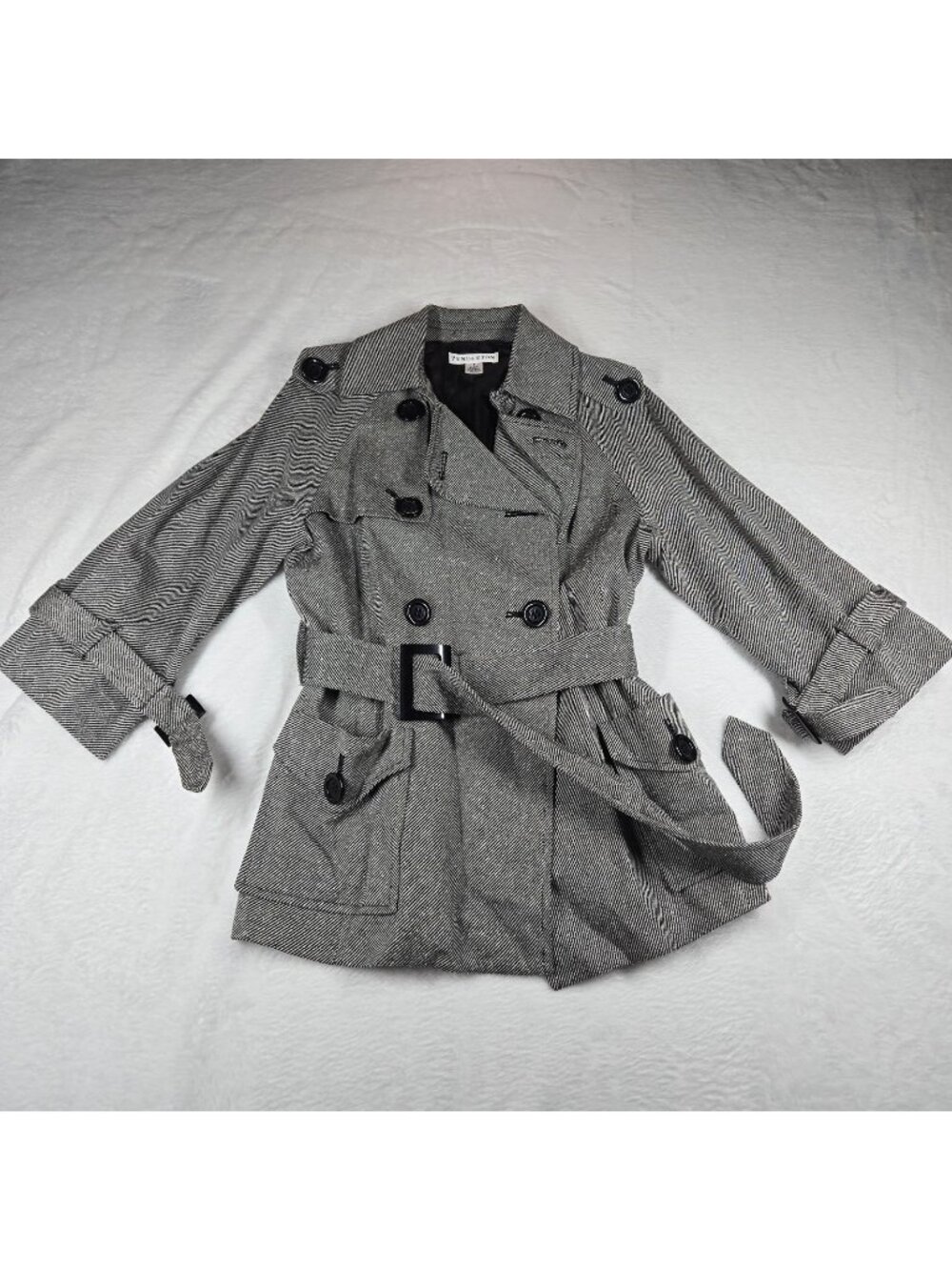 Pendelton Herringbone Short Trench Coat Gray Cream Women's Size 4